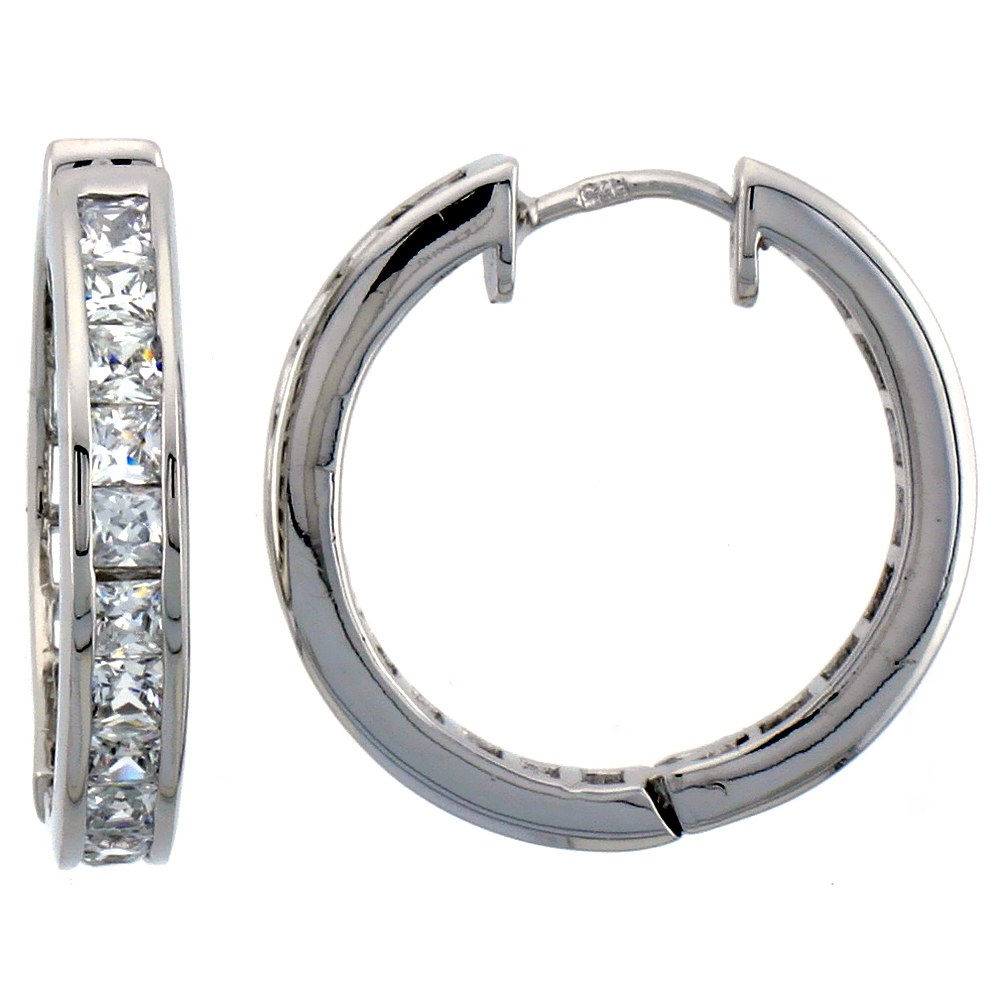 Sabrina Silver Sterling Silver Hoop Earrings Channel Set Square CZ, 1 in. 25 mm