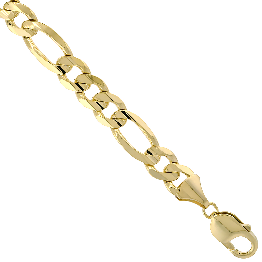 Sabrina Silver Solid Yellow 10K Gold 10mm Figaro Chain Necklaces & Bracelets for Men and Women Concave High Polished 22 - 30 inch