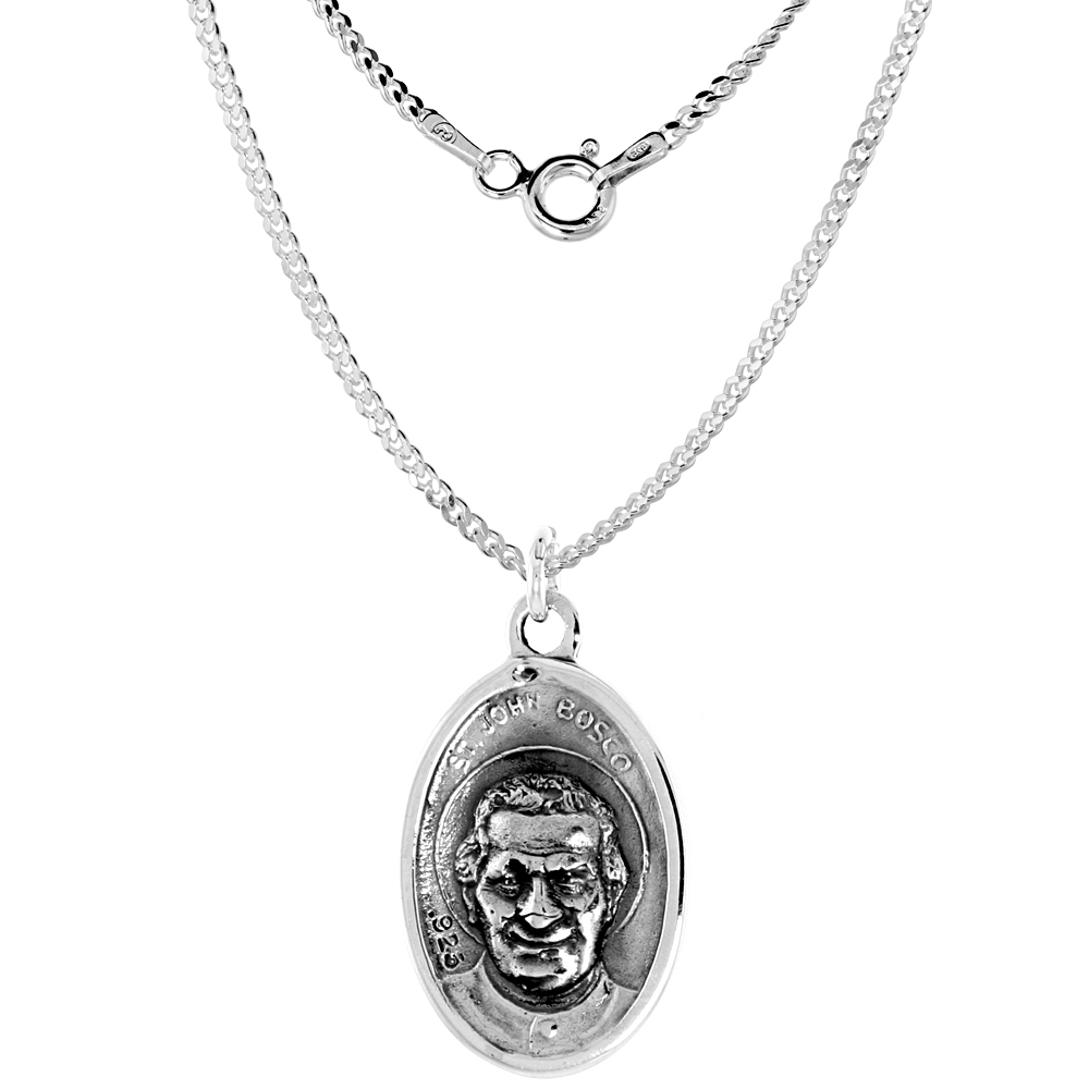 Sabrina Silver Sterling Silver St John Bosco Medal Necklace Oxidized finish Oval 1.8mm Chain