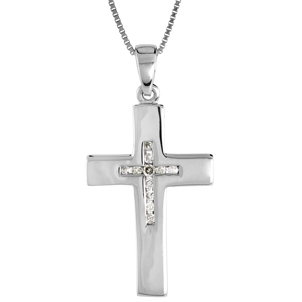 Sabrina Silver Small 14k White Gold Plain Diamond Cross Necklace for Women 3/4 Inch tall with 18 inch Thin Chain
