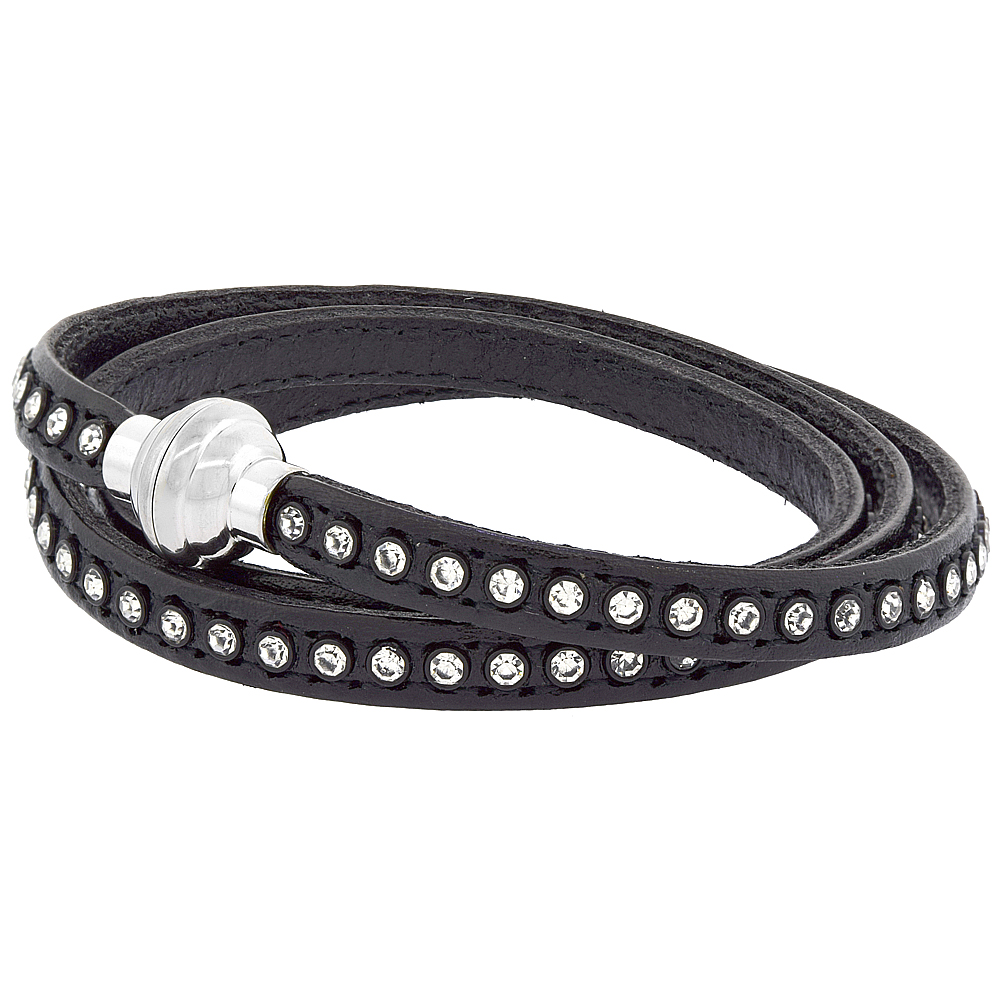Sabrina Silver Quality Full Grain Black Leather Wrap Bracelet