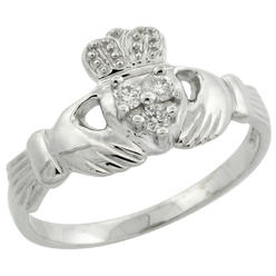 Sabrina Silver Small 14k White Gold Diamond Claddagh Ring for Women Irish Wedding Band 0.10 cttw 3/8 inch