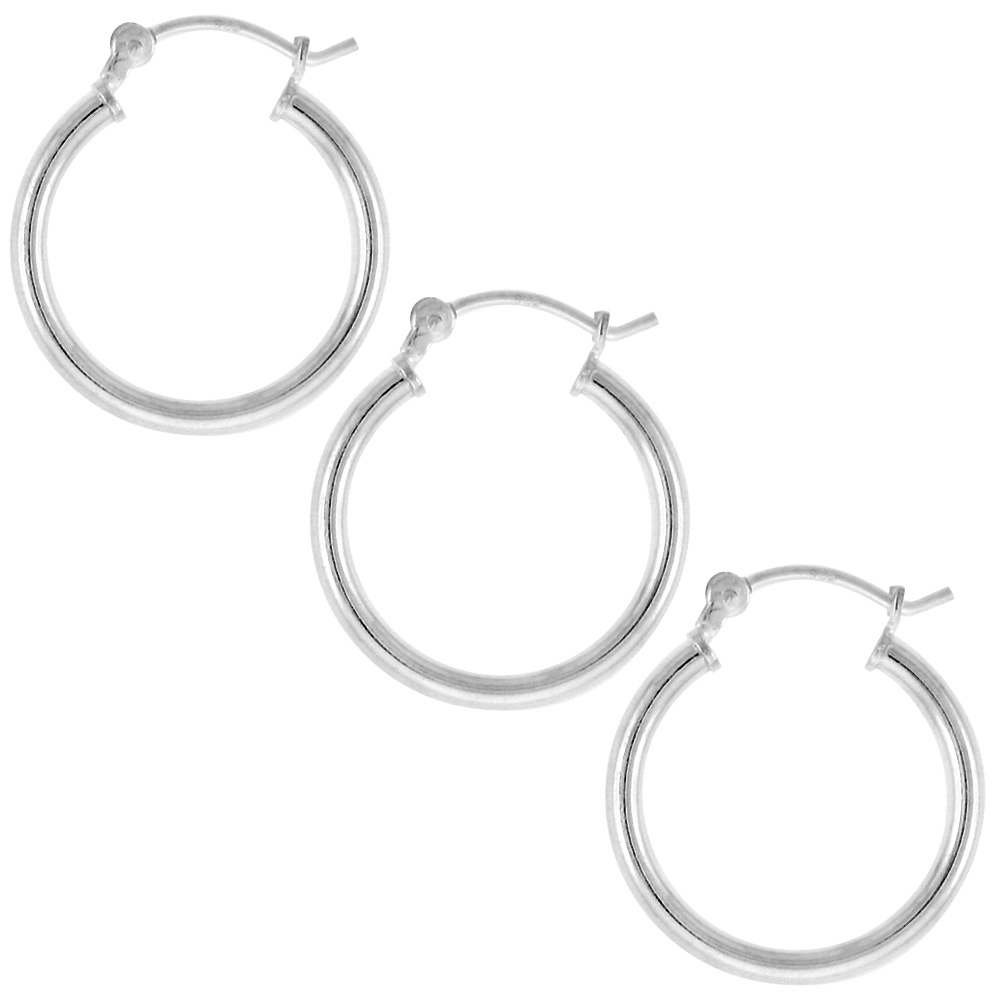 Sabrina Silver 3 Pairs Sterling Silver 3/4 inch 18mm Hoop Earrings Women and Men Click Top 2mm Tube