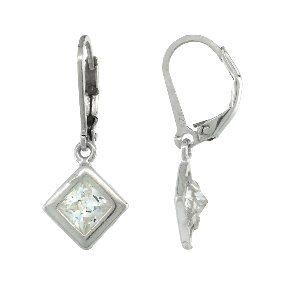 Sabrina Silver Sterling Silver 6mm Square CZ Lever Back Earrings 1 1/16 in. (27 mm) tall