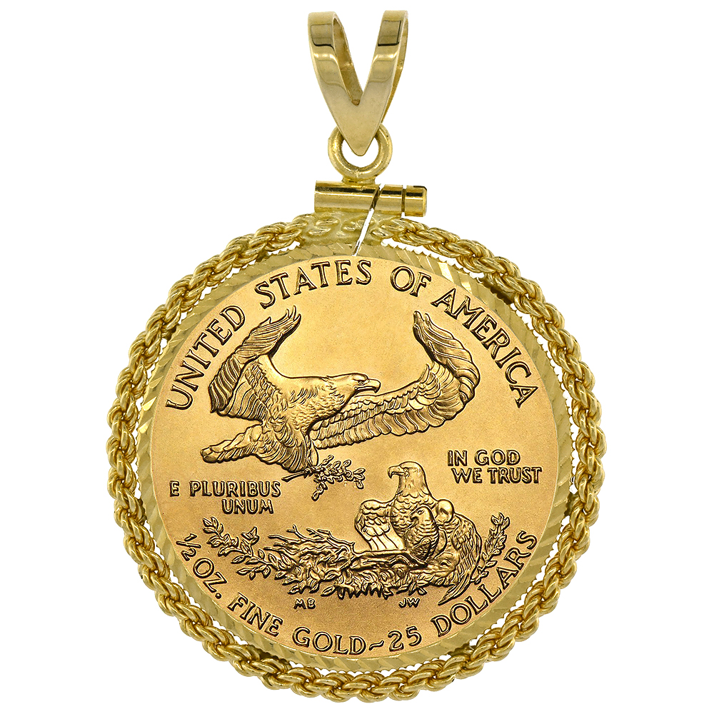 Sabrina Silver 14k Gold 1/2 oz Gold Eagle Bezel Thin Rope 27mm Coin $10 Gold Eagle Screw Top