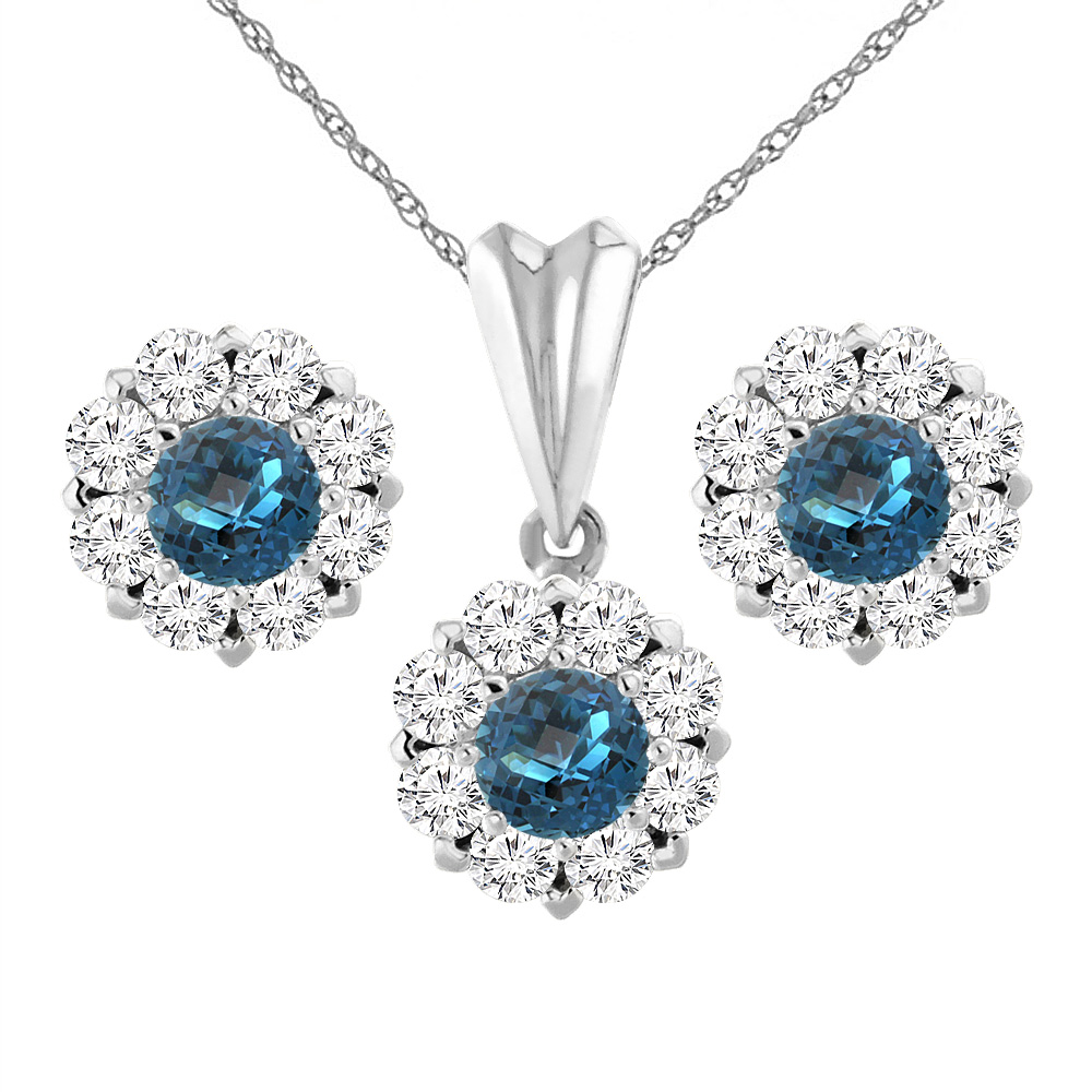 Sabrina Silver 14K White Gold Natural London Blue Topaz Earrings and Pendant Set with Diamond Halo Round 6 mm