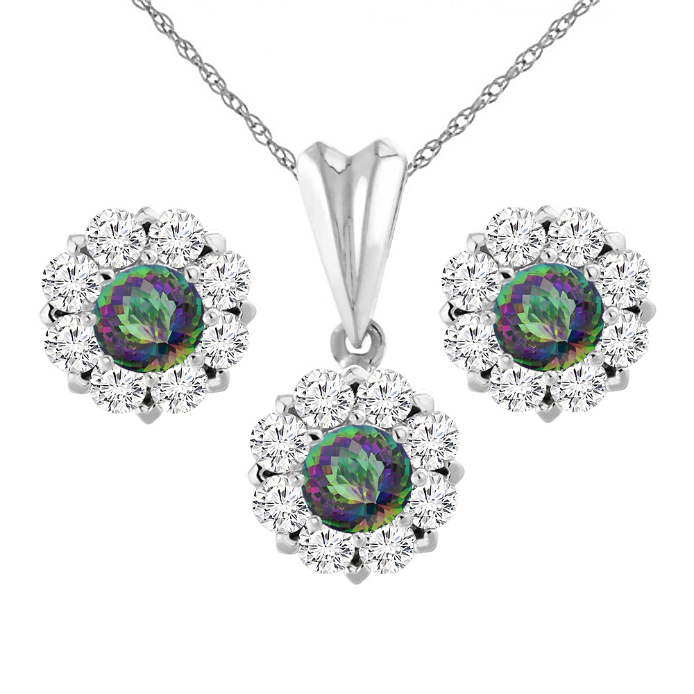 Sabrina Silver 14k White Gold Natural Mystic Topaz Earrings And Sabrina Silver 14k White Gold Natural Mystic Topaz Earrings And Pendant Set With Diamond Halo Round 6 Mm