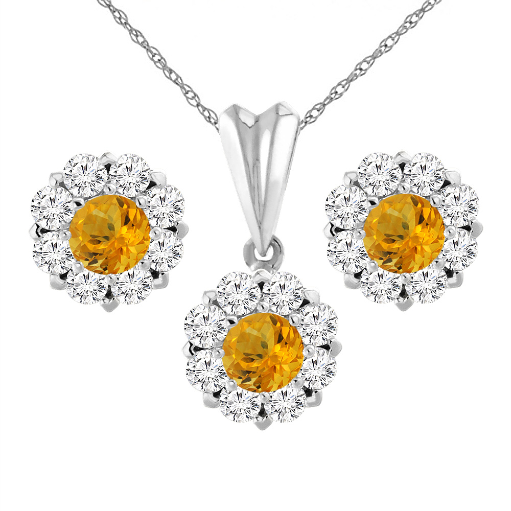 Sabrina Silver 14K White Gold Natural Citrine Earrings and Pendant Set with Diamond Halo Round 6 mm