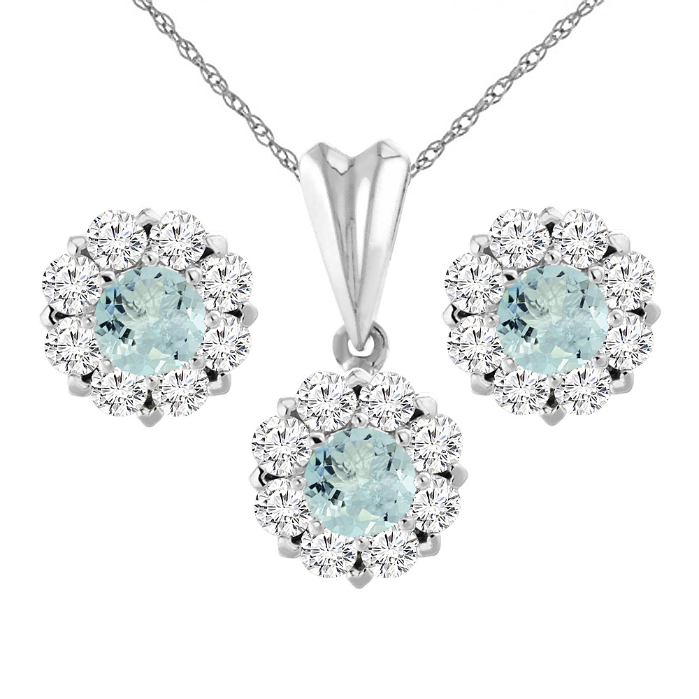 Sabrina Silver 14K White Gold Natural Aquamarine Earrings and Pendant Set with Diamond Halo Round 6 mm