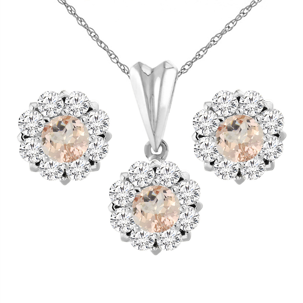 Sabrina Silver 14K White Gold Natural Morganite Earrings and Pendant Set with Diamond Halo Round 6 mm