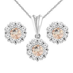 Sabrina Silver 14K White Gold Natural Morganite Earrings and Pendant Set with Diamond Halo Round 6 mm