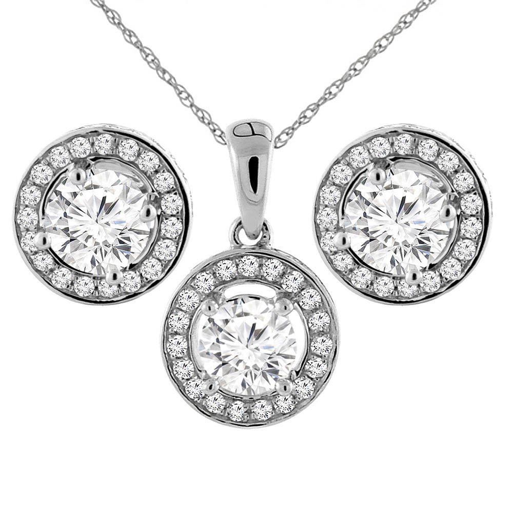 Sabrina Silver 14K White Gold 2 cttw Genuine Diamond Earrings and Pendant Set Halo Round 4.8 mm