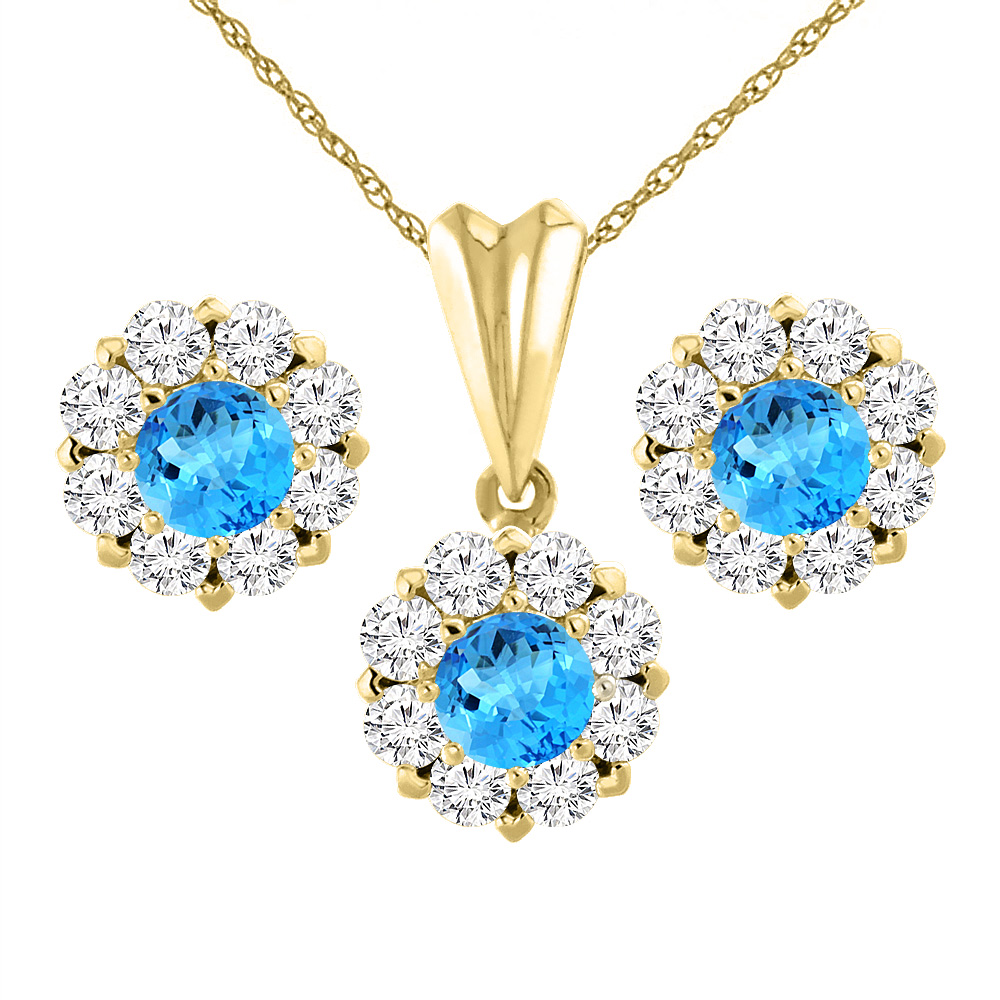 Sabrina Silver 14K Yellow Gold Natural Swiss Blue Topaz Earrings and Pendant Set with Diamond Halo Round 6 mm