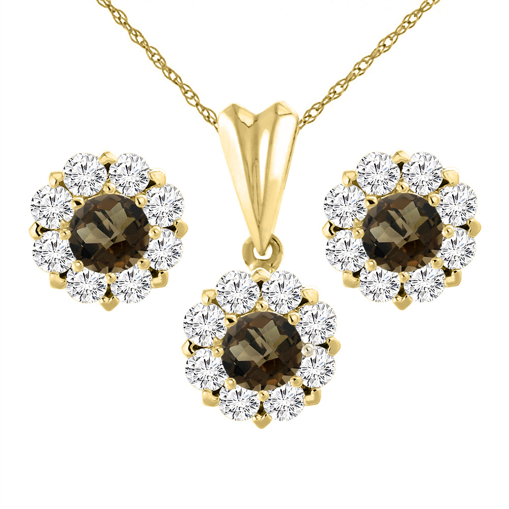 Sabrina Silver 14K Yellow Gold Natural Smoky Topaz Earrings and Pendant Set with Diamond Halo Round 6 mm