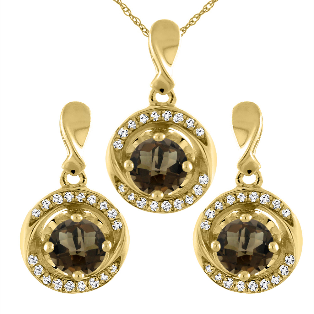 Sabrina Silver 14k Yellow Gold Natural Smoky Topaz Earrings And Sabrina Silver 14k Yellow Gold Natural Smoky Topaz Earrings And Pendant Set With Diamond Accents Round 4 Mm