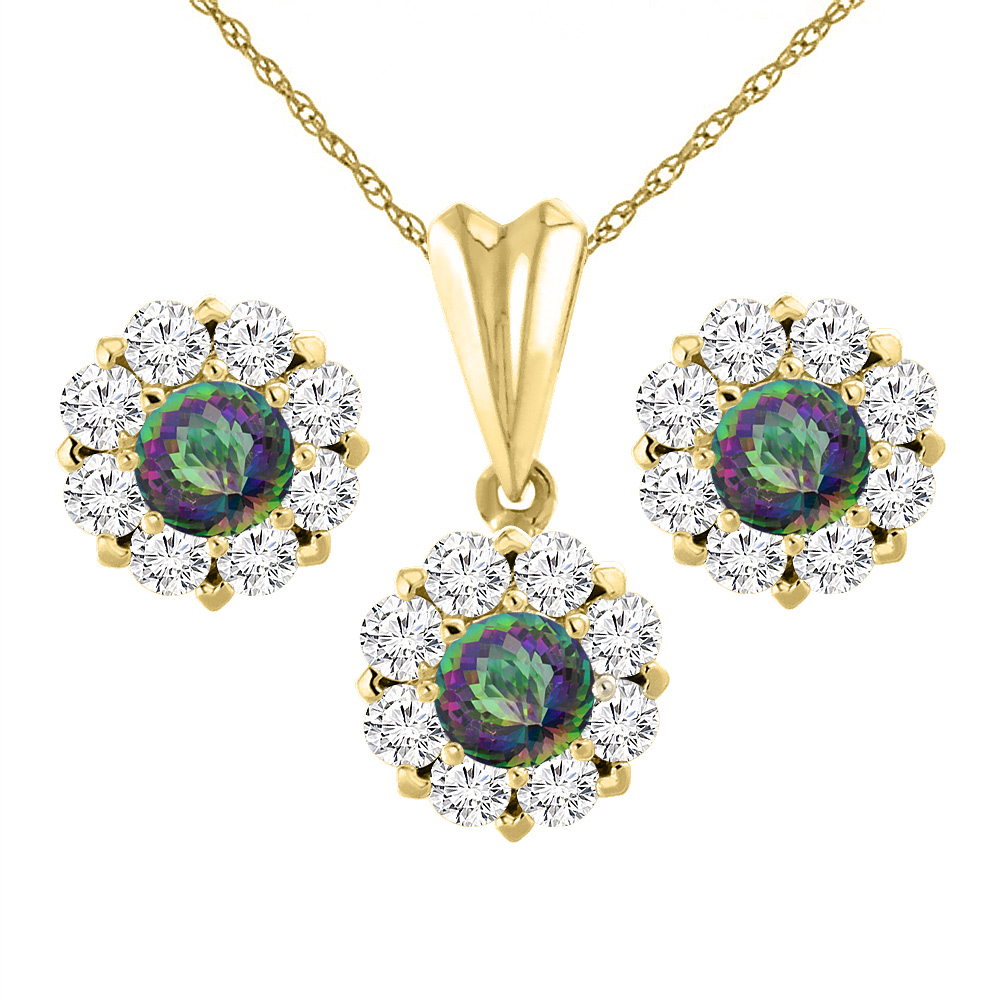 Sabrina Silver 14K Yellow Gold Natural Mystic Topaz Earrings and Pendant Set with Diamond Halo Round 6 mm