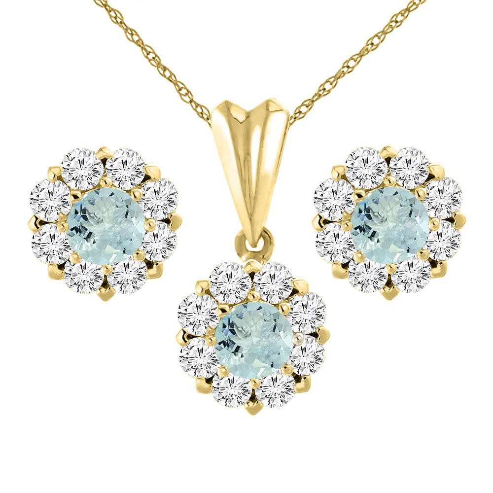 Sabrina Silver 14K Yellow Gold Natural Aquamarine Earrings and Pendant Set with Diamond Halo Round 6 mm