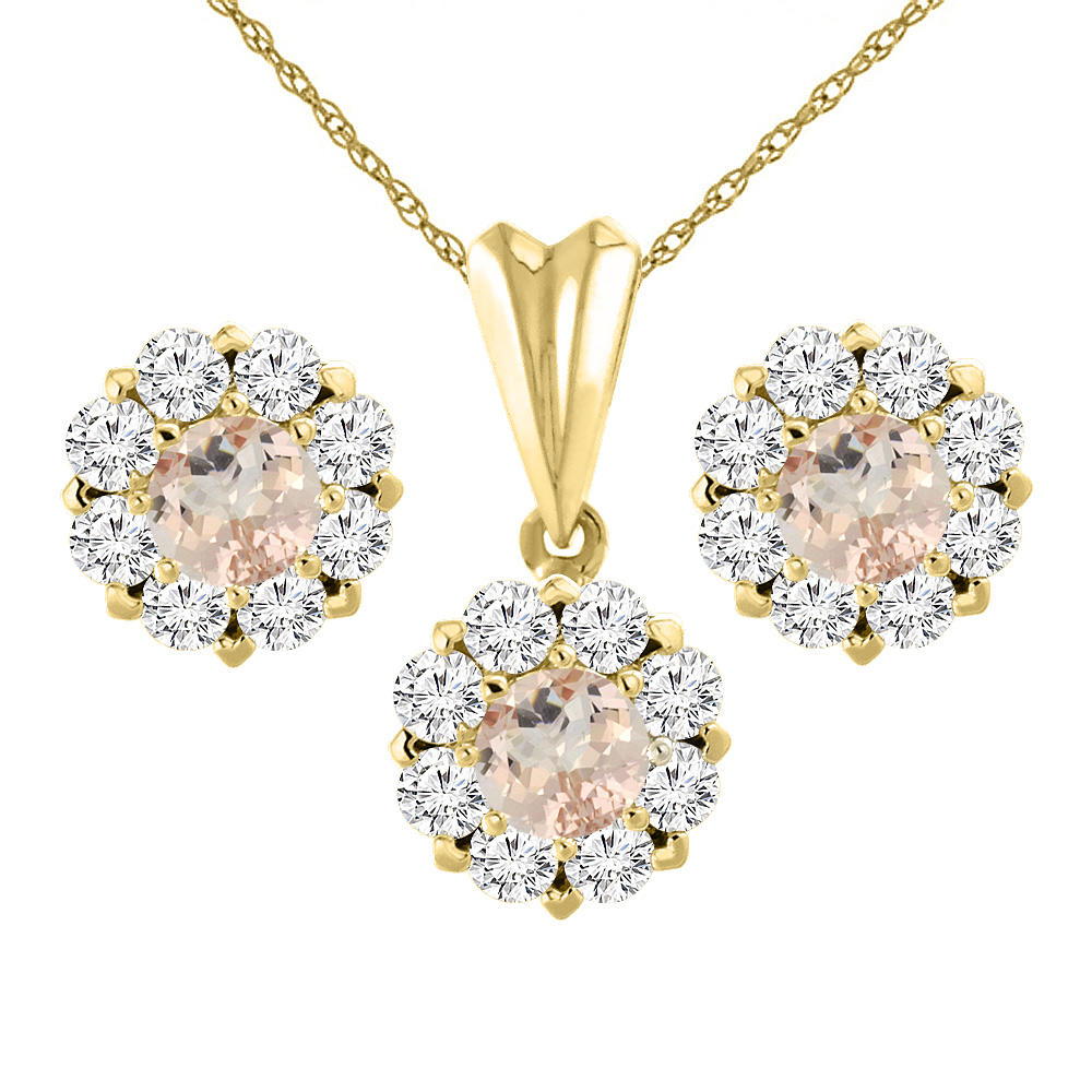 Sabrina Silver 14K Yellow Gold Natural Morganite Earrings and Pendant Set with Diamond Halo Round 6 mm