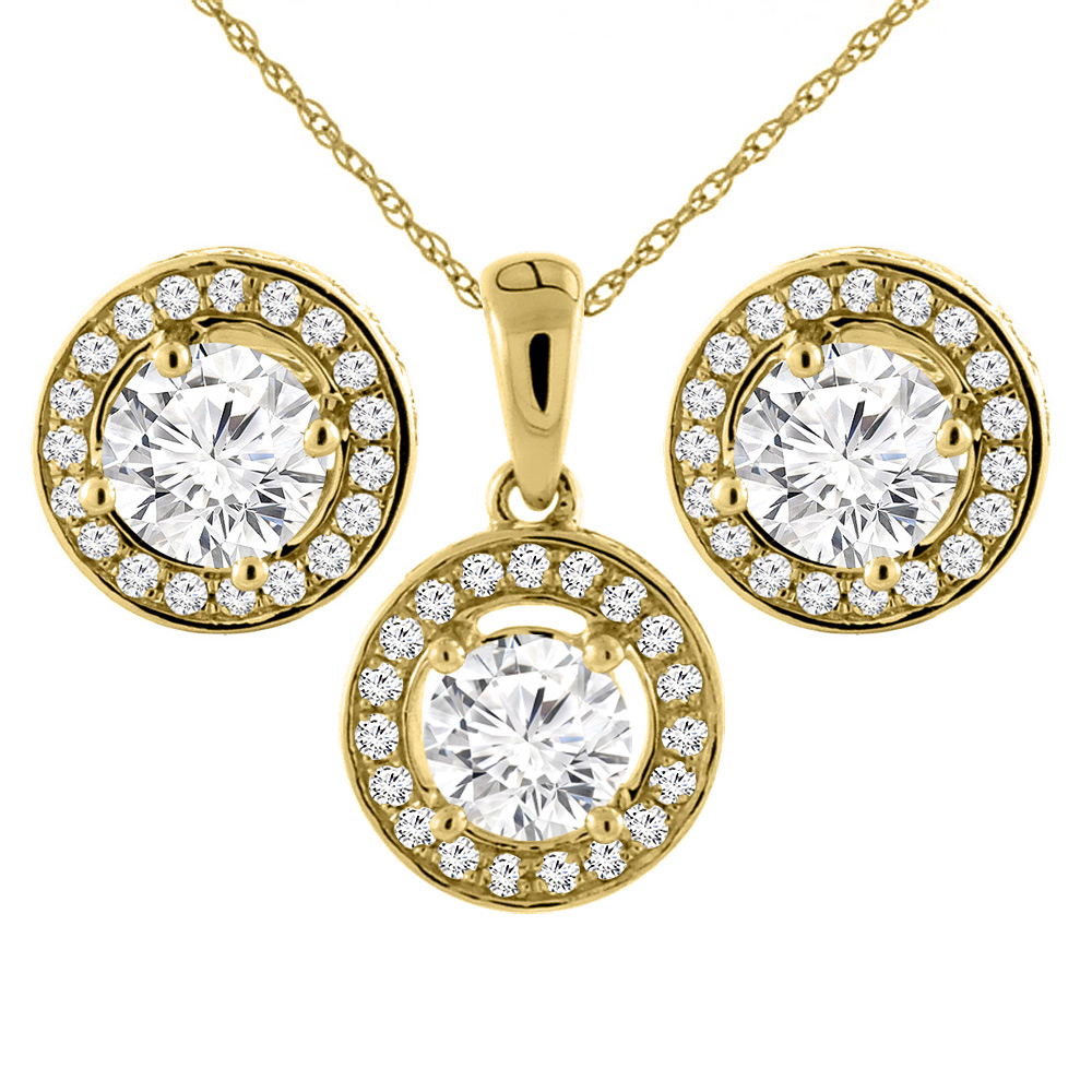 Sabrina Silver 14K Yellow Gold 2 cttw Genuine Diamond Earrings and Pendant Set Halo Round 4.8 mm