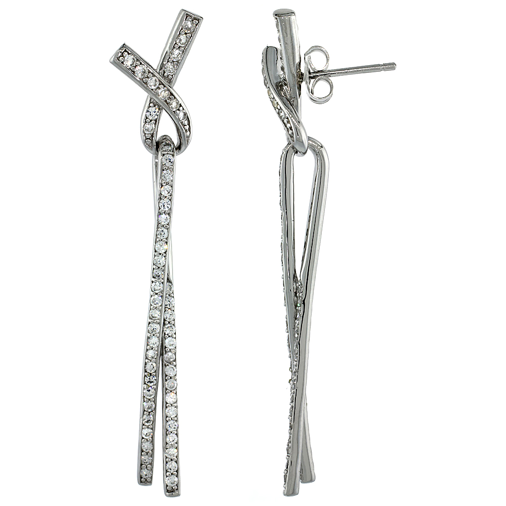 Sabrina Silver Sterling Silver Ribbon Knot Lace Dangle Earrings w/ Brilliant Cut CZ Stones, 2 3/16 in. (56 mm) tall