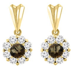 Sabrina Silver 14K Yellow Gold Natural Smoky Topaz Earrings with Diamond Halo Round 4 mm