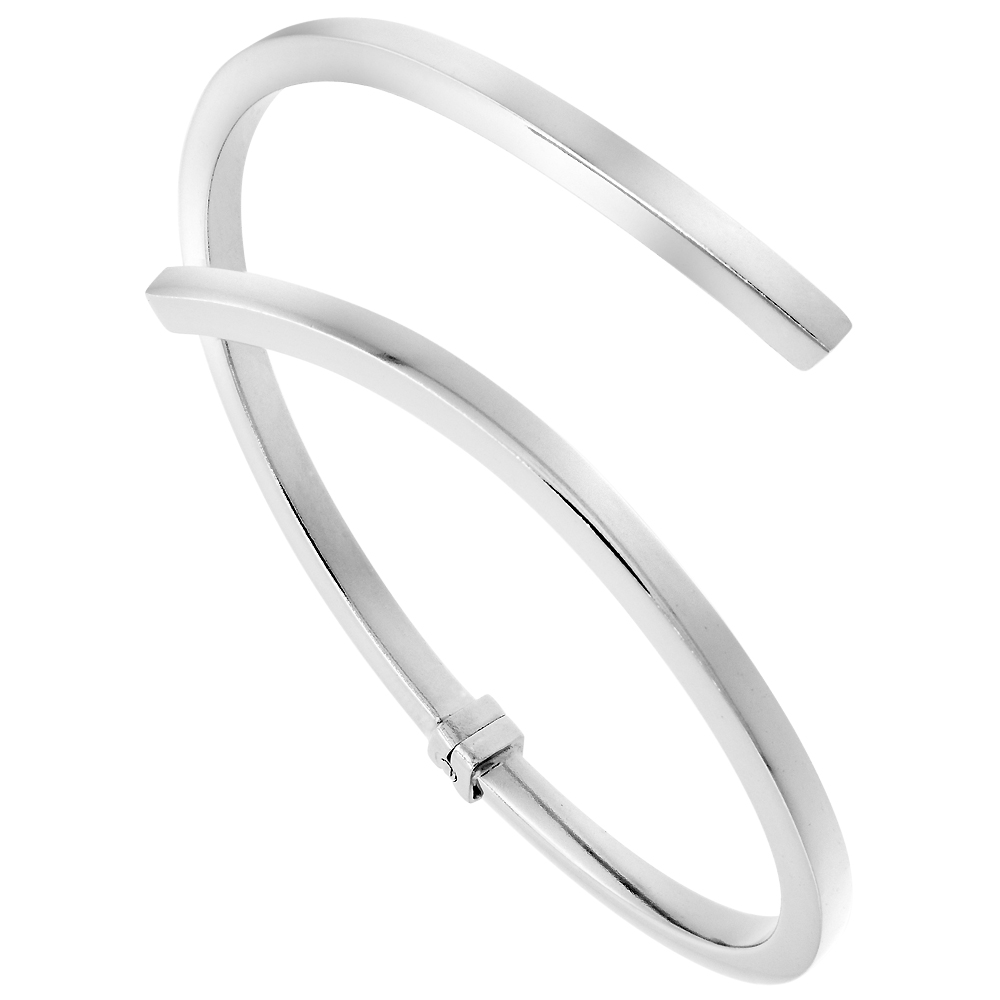 Sabrina Silver Sterling Silver Bypass Bangle Bracelet Hinged Contemporary Square Tubing Rhodium Finish, fits 7 inch
