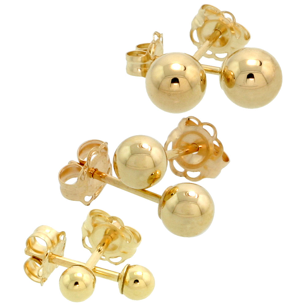 Sabrina Silver 3-Pair 14k Gold Ball Earrings Set / Cartilage Nose Studs, 3mm 4mm 5mm