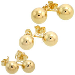 Sabrina Silver 3-Pair 14k Gold Ball Earrings Set 5mm 6mm 7mm