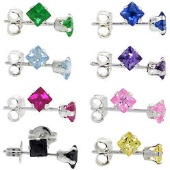 Sabrina Silver 8 Color Set Sterling Silver 3mm Square CZ Stud Earrings Princess Cut Assorted Colors