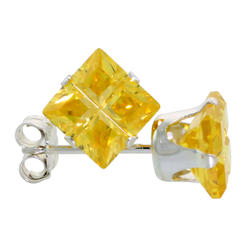 Sabrina Silver Sterling Silver Cubic Zirconia Invisible Cut Square Citrine Earrings Studs Yellow 4 carat/pair