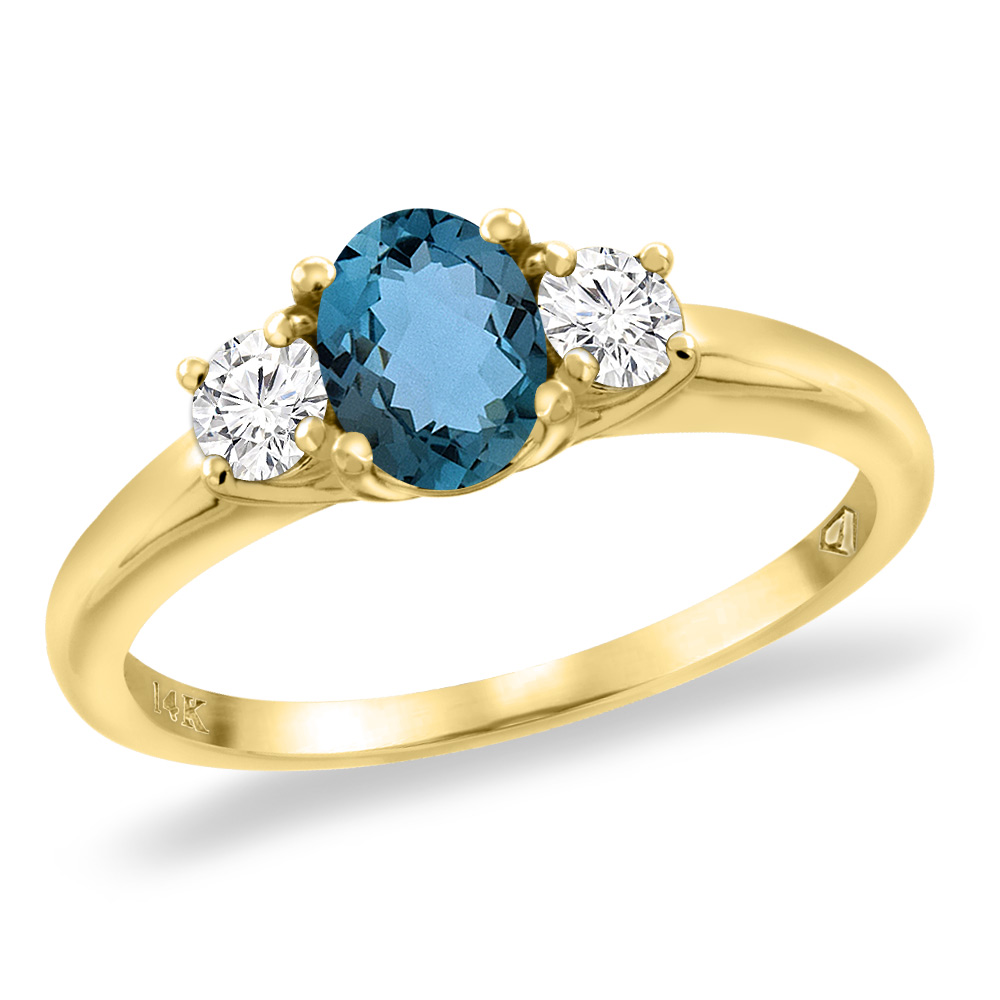 Sabrina Silver 14K Yellow Gold Natural London Blue Topaz Engagement Ring Diamond Accents Oval 7x5 mm, sizes 5 -10