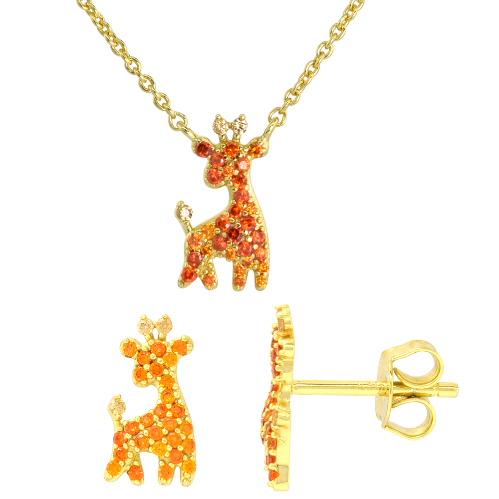 Sabrina Silver Dainty Sterling Silver Giraffe Earrings Necklace Set Orange CZ Micropave Gold Plated 1/2 inch (14mm) tall