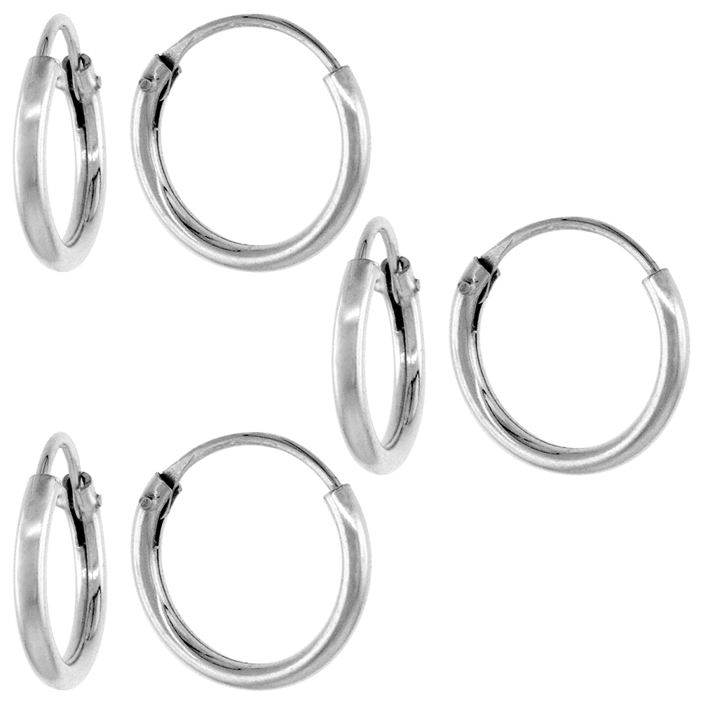 Sabrina Silver 3 Pairs Sterling Silver Small Endless Hoop Earrings for Cartilage Nose and Lips 3/8 inch 8mm