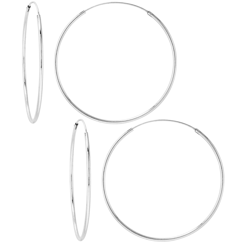 Sabrina Silver 2 Pairs Sterling Silver Endless Hoop Earrings thin 1 mm tube 1 1/2 inch 40mm