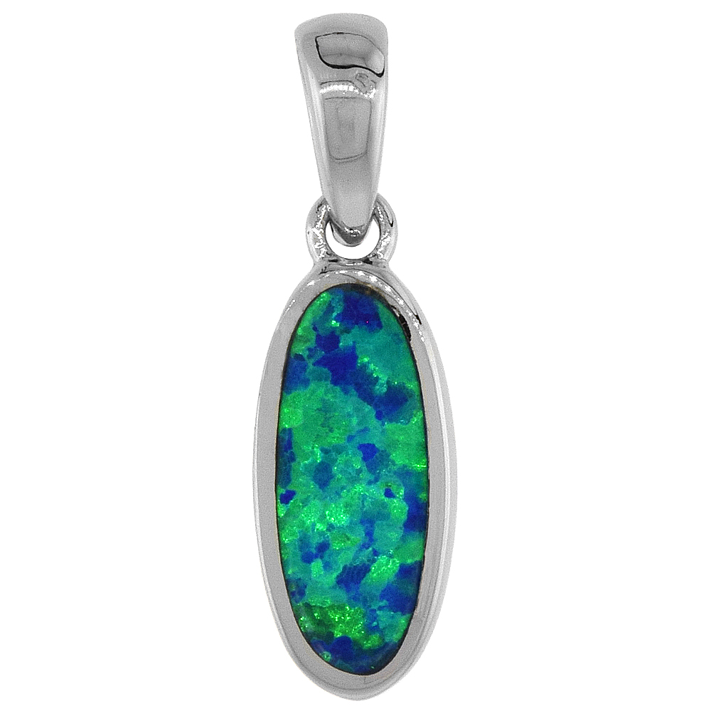 Sabrina Silver Sterling Silver Synthetic Opal Oval Shape Pendant for Women Hand Inlay 5/8 inch tall