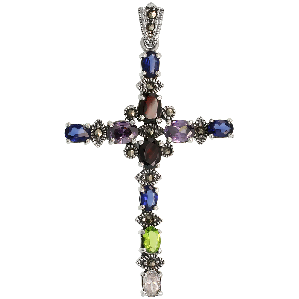 Sabrina Silver Sterling Silver Marcasite Floral Cross Pendant, w/ Oval Cut Multi CZ Stones, 2 5/16" (59 mm) tall