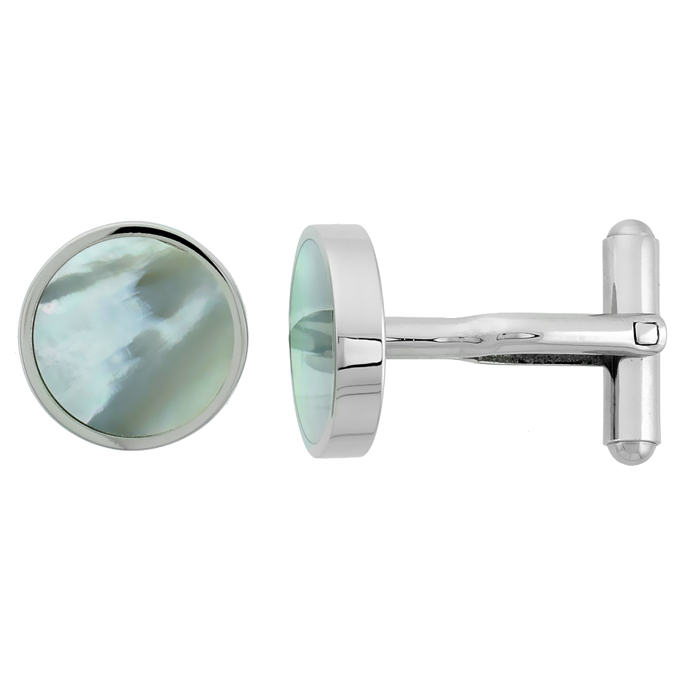 Sabrina Silver Stainless Steel Round Shape Cufflinks w/ Natural Mother of Pearl Inlay, 5/8 in.