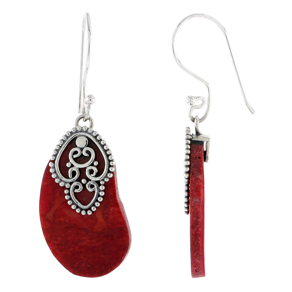 Sabrina Silver Sterling Silver Natural Coral Kidney Shape Dangle Earrings 1 inch long