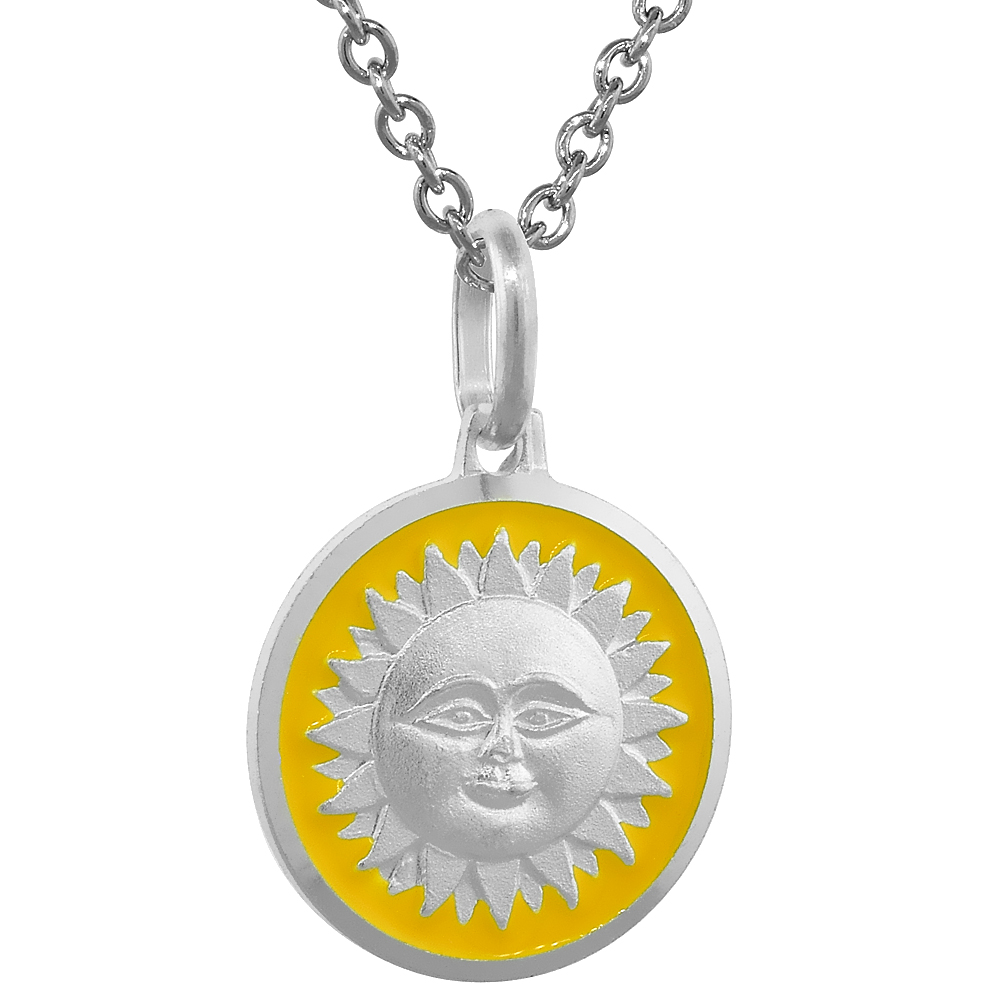 Sabrina Silver Sterling Silver Sun Medal Necklace Round Yellow Enameled with 24 inch Surgical Steel Chain Italy 5/8 inch