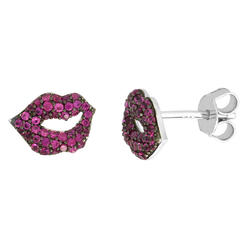 Sabrina Silver Dainty Sterling Silver Purple Lips Earrings Studs Violet CZ Micropave Rhodium Plated  3/8 inch (11mm) wide