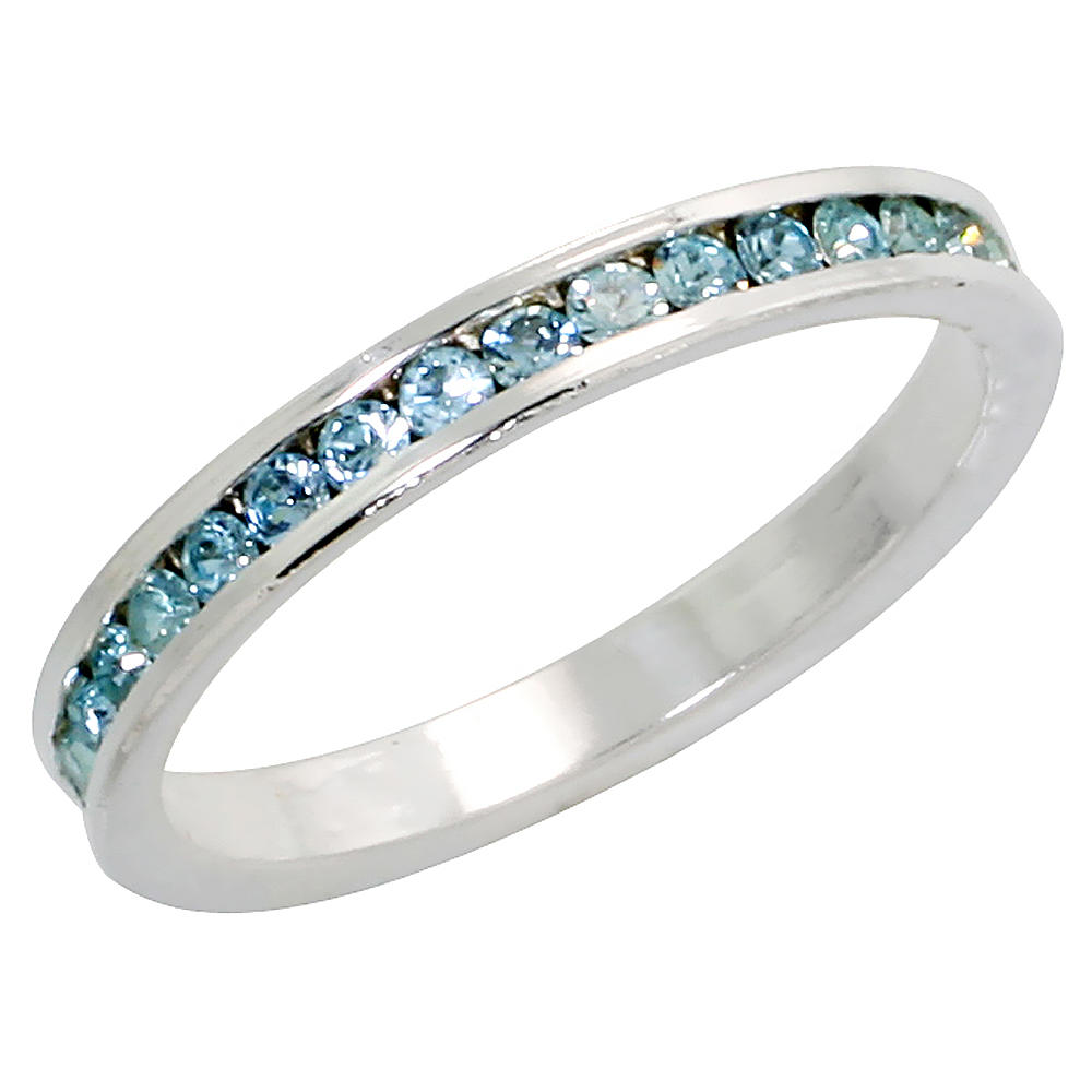 Sabrina Silver Sterling Silver Stackable Eternity Band, March Birthstone, Aquamarine Crystals, 1/8" (3 mm) wide