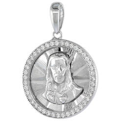 Sabrina Silver 3/4 inch Round Sterling Silver Cubic Zirconia Sacred Heart of Jesus Pendant Micropave Halo Facted No Chain Included