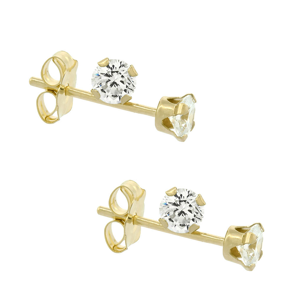 Sabrina Silver 2-Pair Pack 14k Yellow Gold 3mm Cubic Zirconia Earrings Studs Cartilage Nose 4 prong 1/4 ct/pr