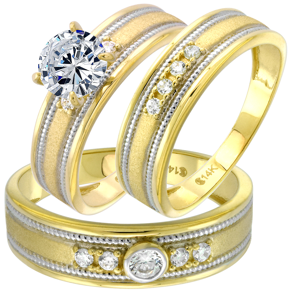 Sabrina Silver 14k Yellow Gold CZ Trio Wedding Ring Set Piece