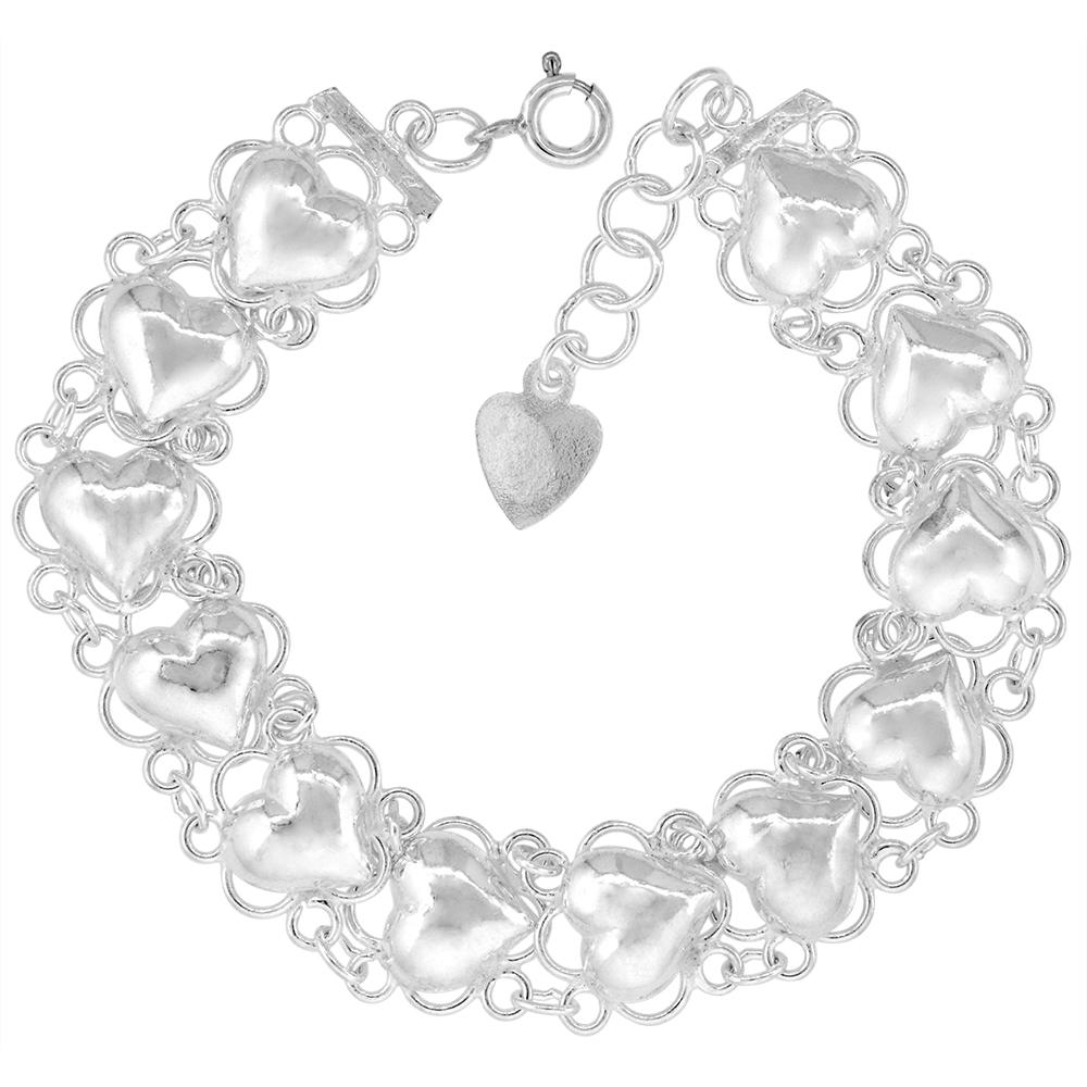 Sabrina Silver 1/2 inch wide Sterling Silver Quatrefoil Hearts Charm Bracelet for Women Polished 12mm fits 7-8 inch wrists
