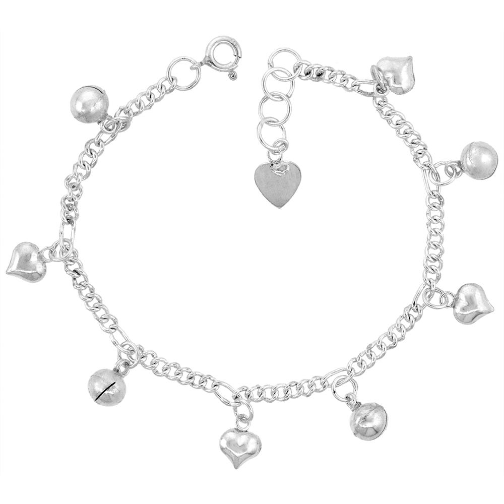 Sabrina Silver Sterling Silver Dangling Hearts and Jingle Bells Anklet for Women 12mm drop fits 9-10 inch ankles