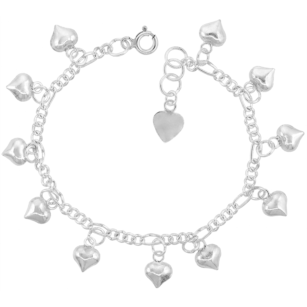 Sabrina Silver Sterling Silver Dangling Puffy Hearts Charm Charm Bracelet for Women 15mm drop fits 7-8 inch wrists