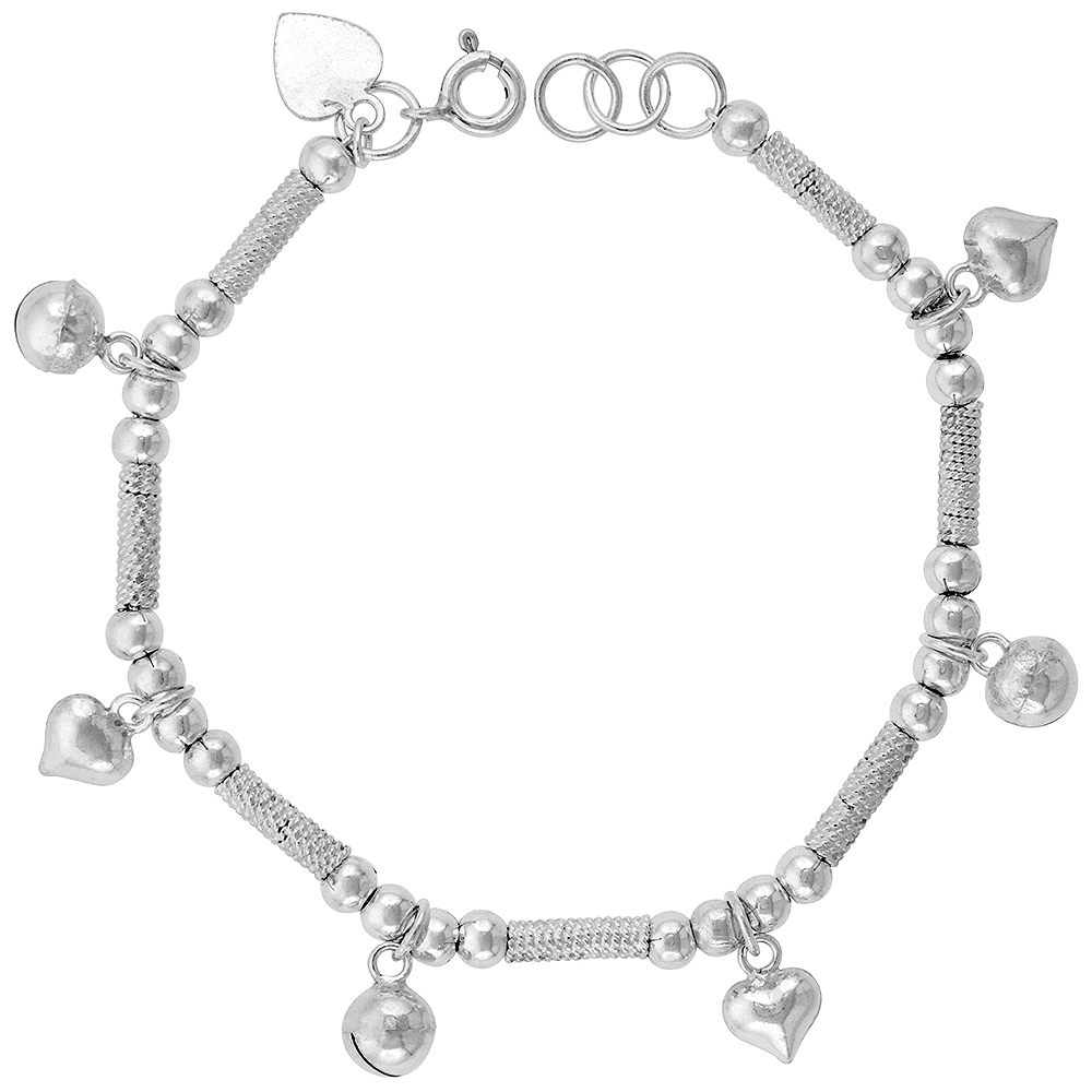 Sabrina Silver Sterling Silver Dangling Puffy Hearts and Jingle Bells Charm Charm Bracelet for Women 13mm drop fits 7-8 inch wrists