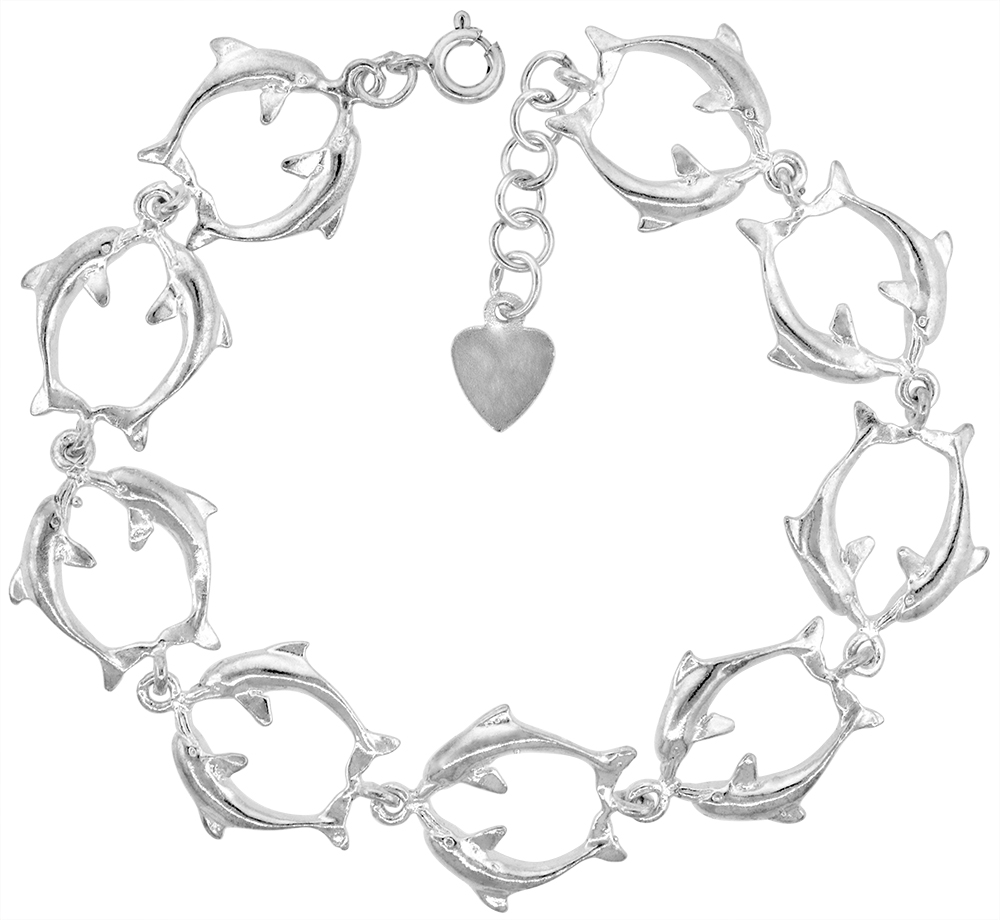 Sabrina Silver Sterling Silver Linked Double Dolphins Charm Bracelet for Women 20mm wide fits 7-8 inch wrists