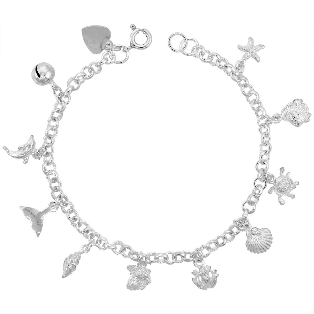 Sabrina Silver Sterling Silver Dangling Nautical Charm Charm Bracelet for Women 15mm drops fits 7-8 inch wrists